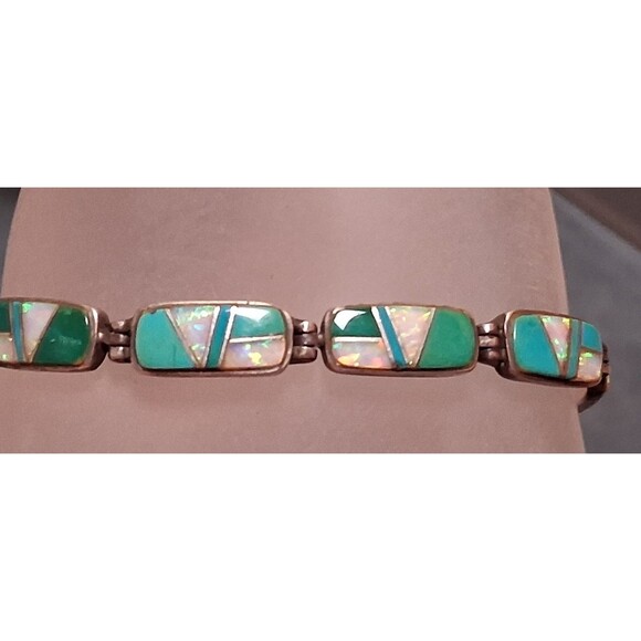 Vintage Sterling Turquoise Opal Inlay Native Bracelet - Picture 3 of 7